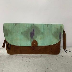 The Village Experience Opportunity Green Brown Leather Clutch Wristlet Zip Aztec